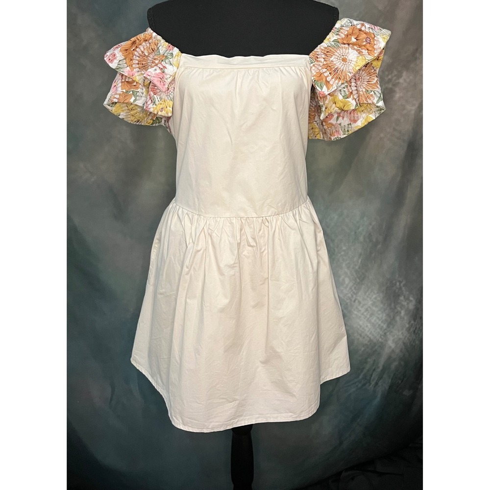 BiBi Floral Ruffle‎ Sleeve Mini Dress, Square Neck Sleeveless A-Line Tan Size Lg - Picture 7 of 10